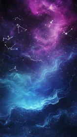 Digital starfield displays constellations within colored nebula