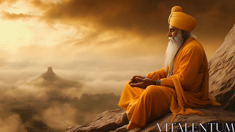 Golden-robed sage in serene mountain sunrise meditation.