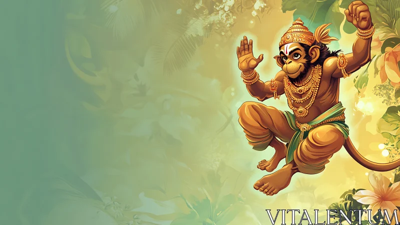 Playful monkey deity leaping through luminous floralscape.