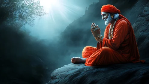 Gentle sage in orange robes resting in peaceful mountain light.