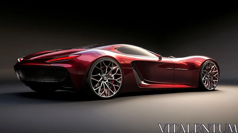 Crimson hypercar showcases sculpted curves and alloy rims.