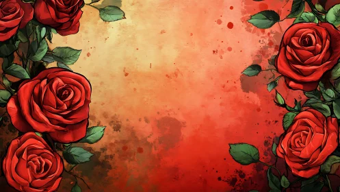 Ornamental Red Roses with Distressed Watercolor Wash Backdrop