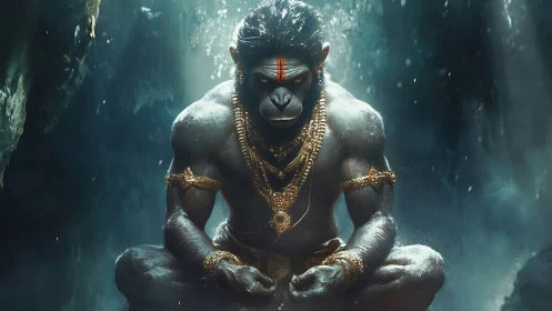 Mythic simian warrior in meditative cave setting.