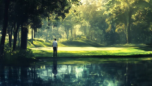 Solitary golfer studies illuminated green across reflective water