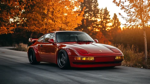 Red Porsche 911 restomod on autumn road with warm sunset light