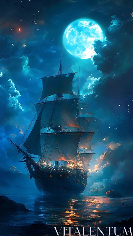 Moonlit galleon under luminous clouds and reflective sea.