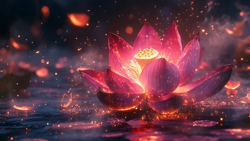 Luminous lotus blossom igniting twilight water with sparks.
