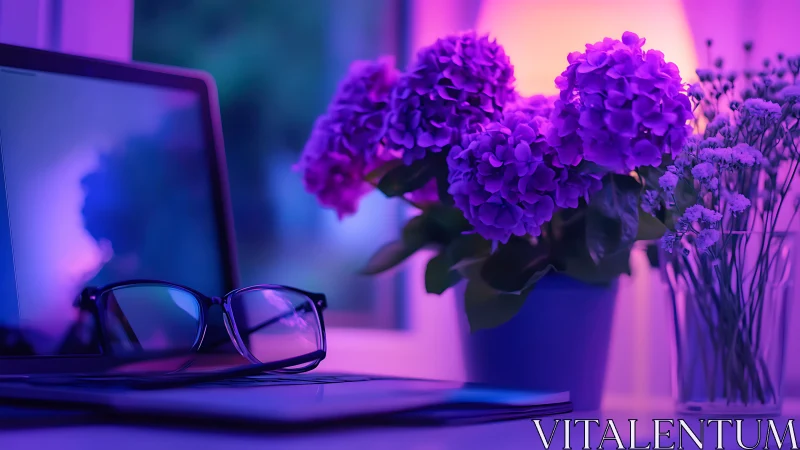Photorealistic desk still life in neon purple ambient light.