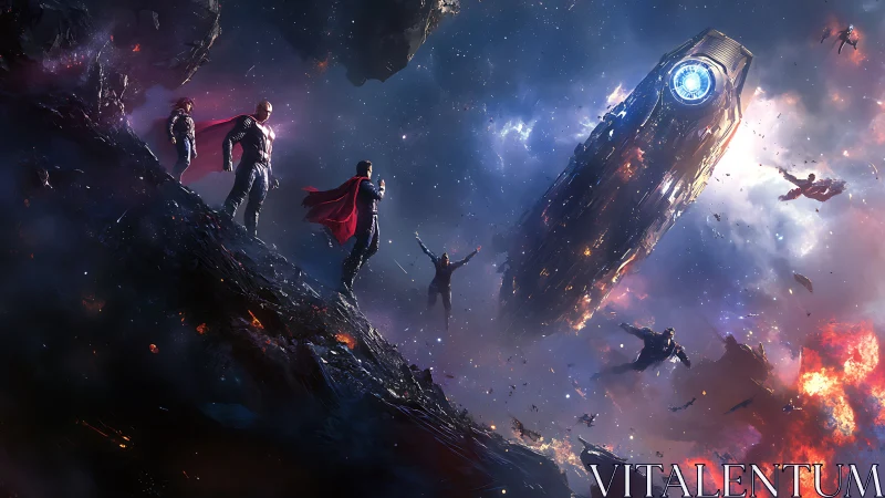 Group of caped figures near damaged spacecraft in space.