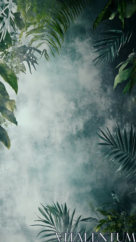 Moody tropical leaves frame a misty, textured green sky