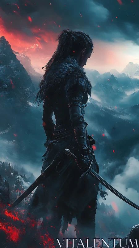 Lone swordbearer watching stormlit mountains ignite at dusk.
