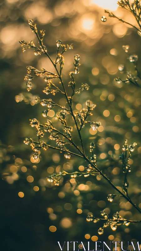 Backlit dew on delicate stems with golden bokeh glow.