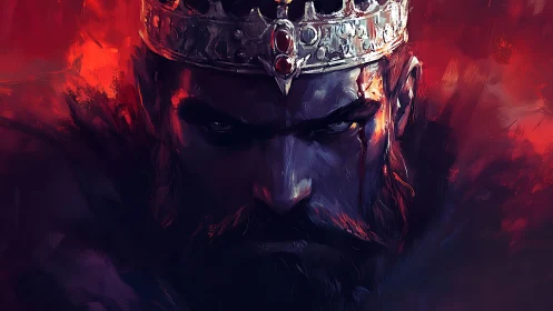 Storm-eyed war king crowned in embers and shadowed steel.