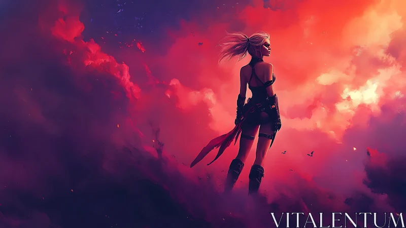 Warrior woman surveys a fiery, storm-lit fantasy sky.