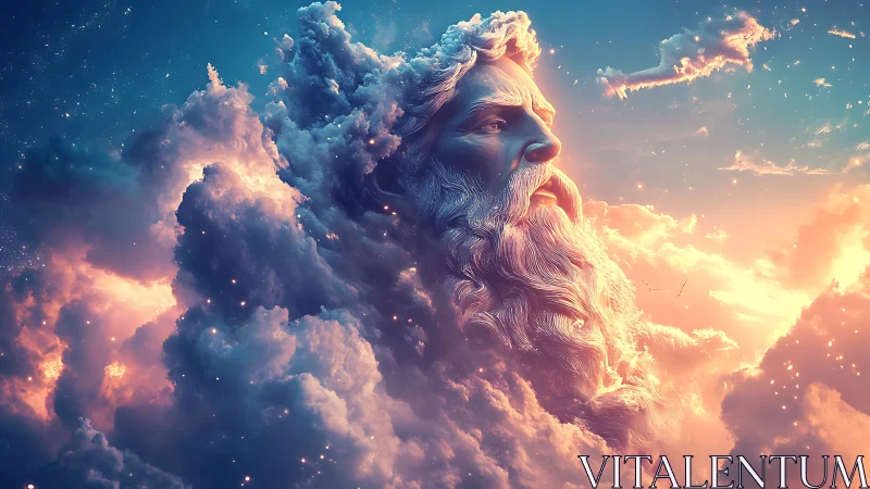 Skyfather sculpted in clouds above a flaming twilight horizon.