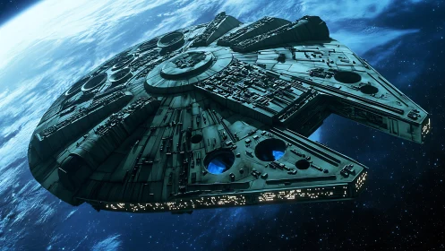 Iconic disc-shaped starship glides in cold blue orbit