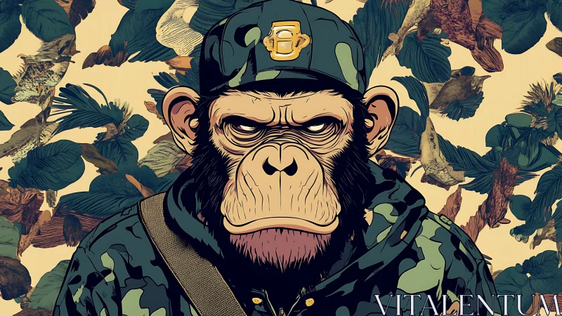 Brooding camo-clad chimpanzee stares forward in dense foliage