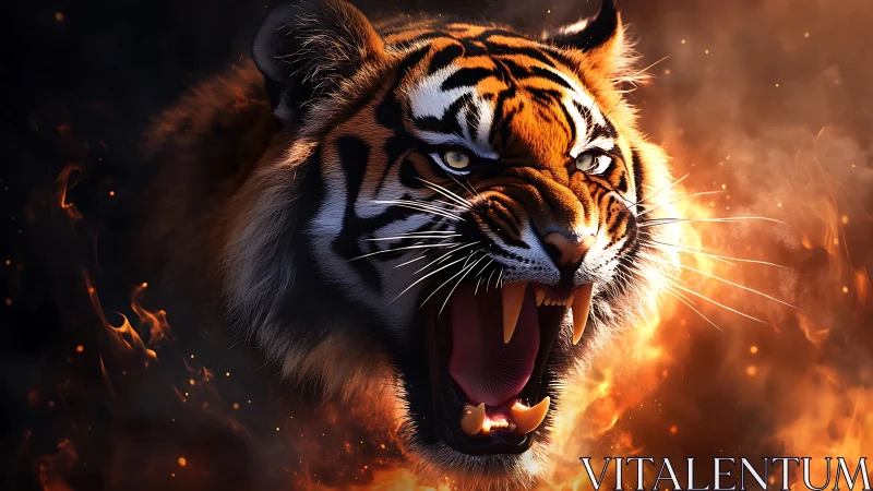Roaring tiger emerges through blazing fire and swirling embers