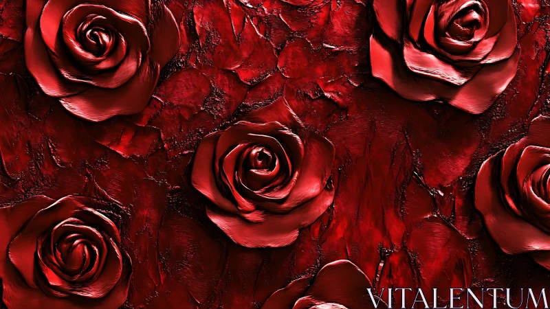 Metallic crimson roses over textured impasto backdrop.
