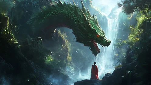 Lone robed figure confronts emerald dragon by misty falls