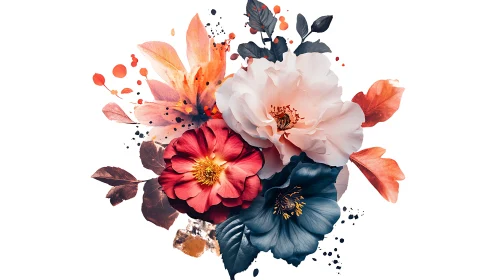 Floral arrangement with multiple blooms and dispersed particles.