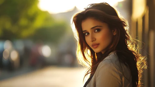 Sunlit portrait captures pensive woman in golden hour glow.