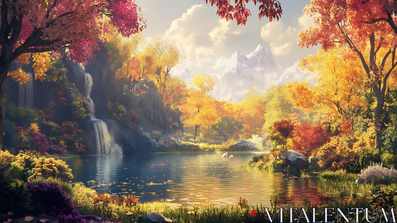 Autumn valley lake reflects waterfalls under crystal peaks.