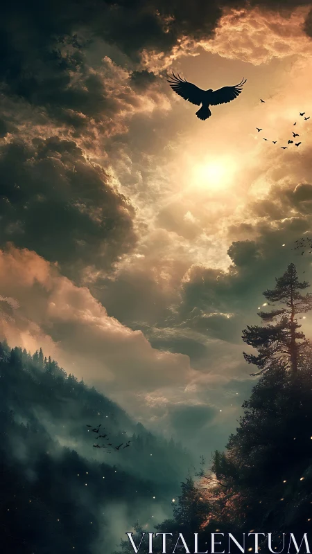 Eagle silhouette crosses stormlit sun over misty forest