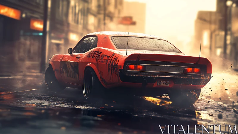 Dynamic rear drift shot of retro muscle car in wet street scene.