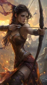 Female archer in battle stance holds drawn bow in profile