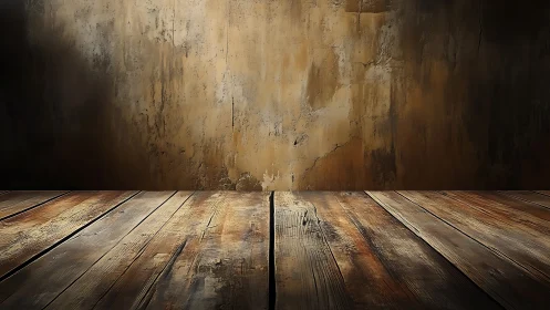 Textured timber platform under distressed plaster backdrop.