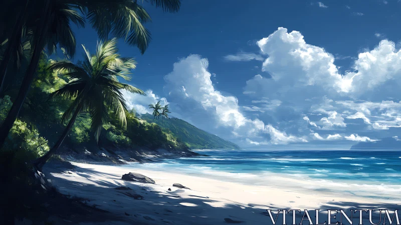 Tropical Coastline with Palm Trees and Cloud-Filled Sky.