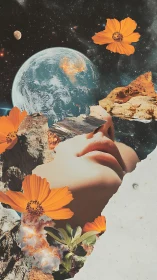 Dreamy cosmic portrait blooming with wild orange flowers.