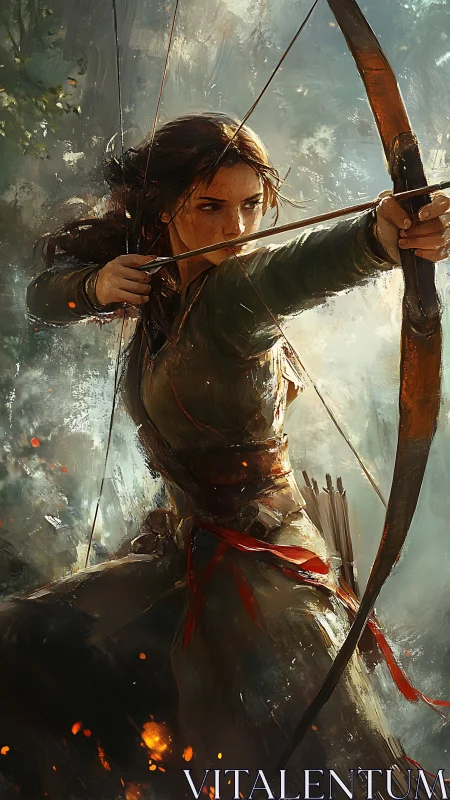 Storm-eyed archer draws a blazing arrow in painted battle.