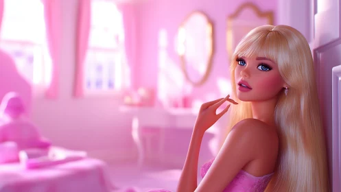 Blonde doll-like woman in pink bedroom interior scene.