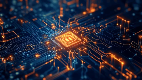 Glowing microchip on dark circuit board with neon traces.