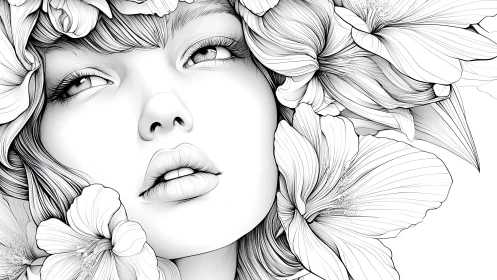 Monochrome female portrait framed by hyper-detailed blossoms