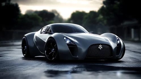 Storm-slick hypercar prowls a moody dawn city street.