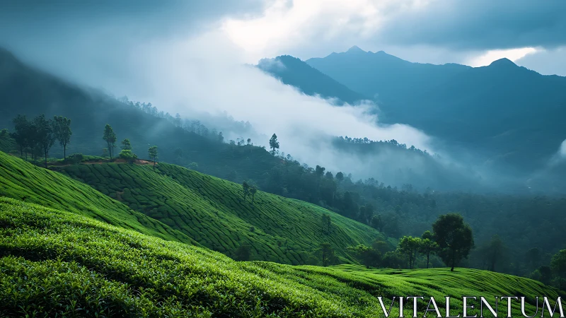 Mist-filled mountain tea plantation with terraced green slopes