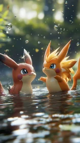 Two stylized creatures stand in shallow water with droplets suspended