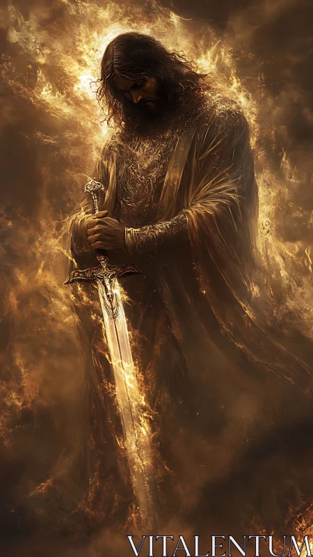 Solemn warrior of light stands engulfed in sacred fire