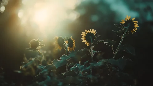 Sunlit sunflowers stand glowing in soft evening haze.