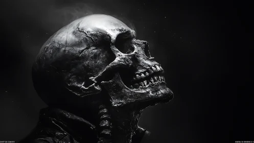 Burnished skull profile under hard cinematic rim light.