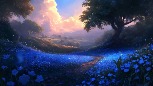 Twilight meadow landscape with distant hills and clouds.