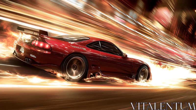 Red tuner car drifting through blazing light trails at night.