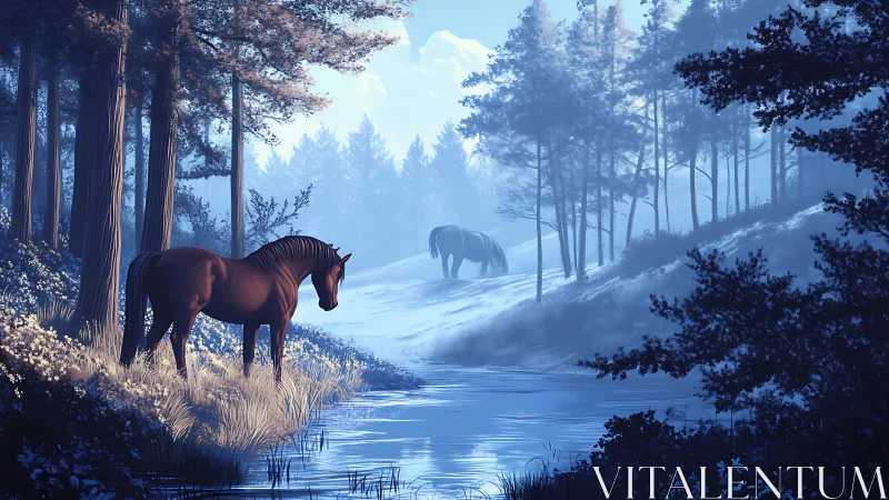 Cinematic winter forest horses rendered in cool blue light