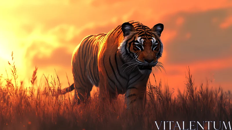 Sunlit Bengal tiger in tall grass with cinematic rim lighting