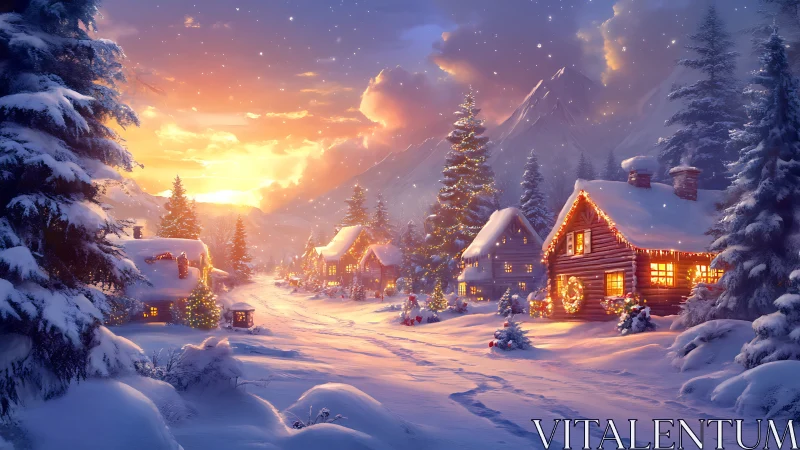 Luminous alpine winter village with radiant snow illumination.