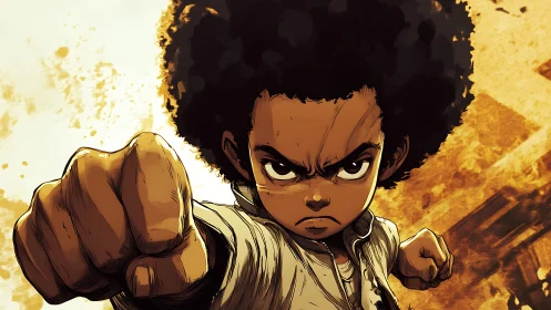 Defiant young fighter extends clenched fist toward viewer