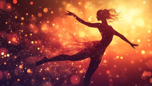 Silhouetted dancer arcs through radiant bokeh light field